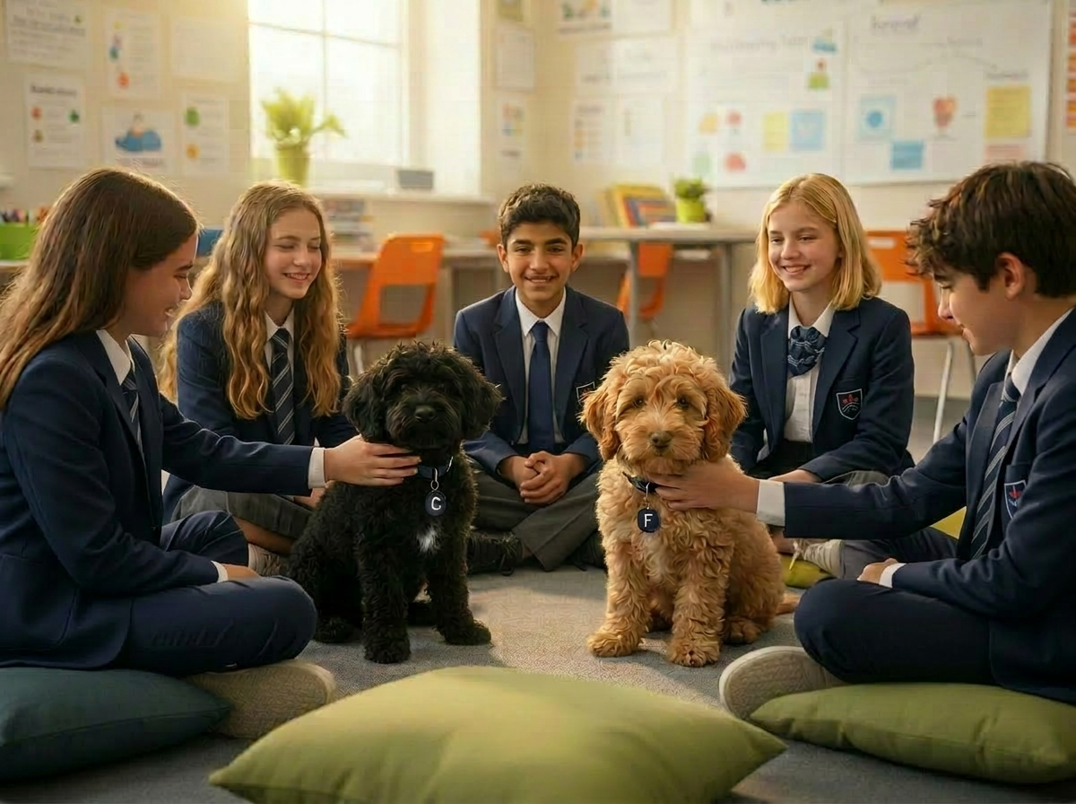 Charlie and Frank with students during a Reset Space wellbeing lesson